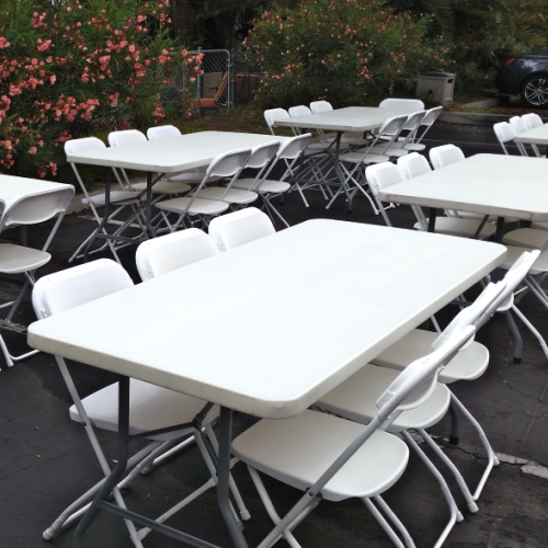 Backyard family gathering with white folding tables and chairs on the lawn