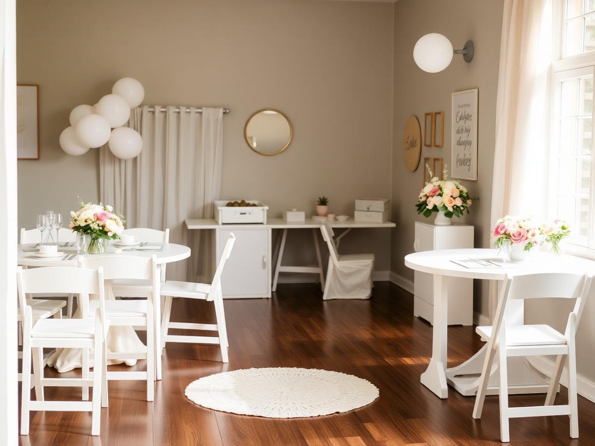 Baby shower setup with white folding tables and floral decor