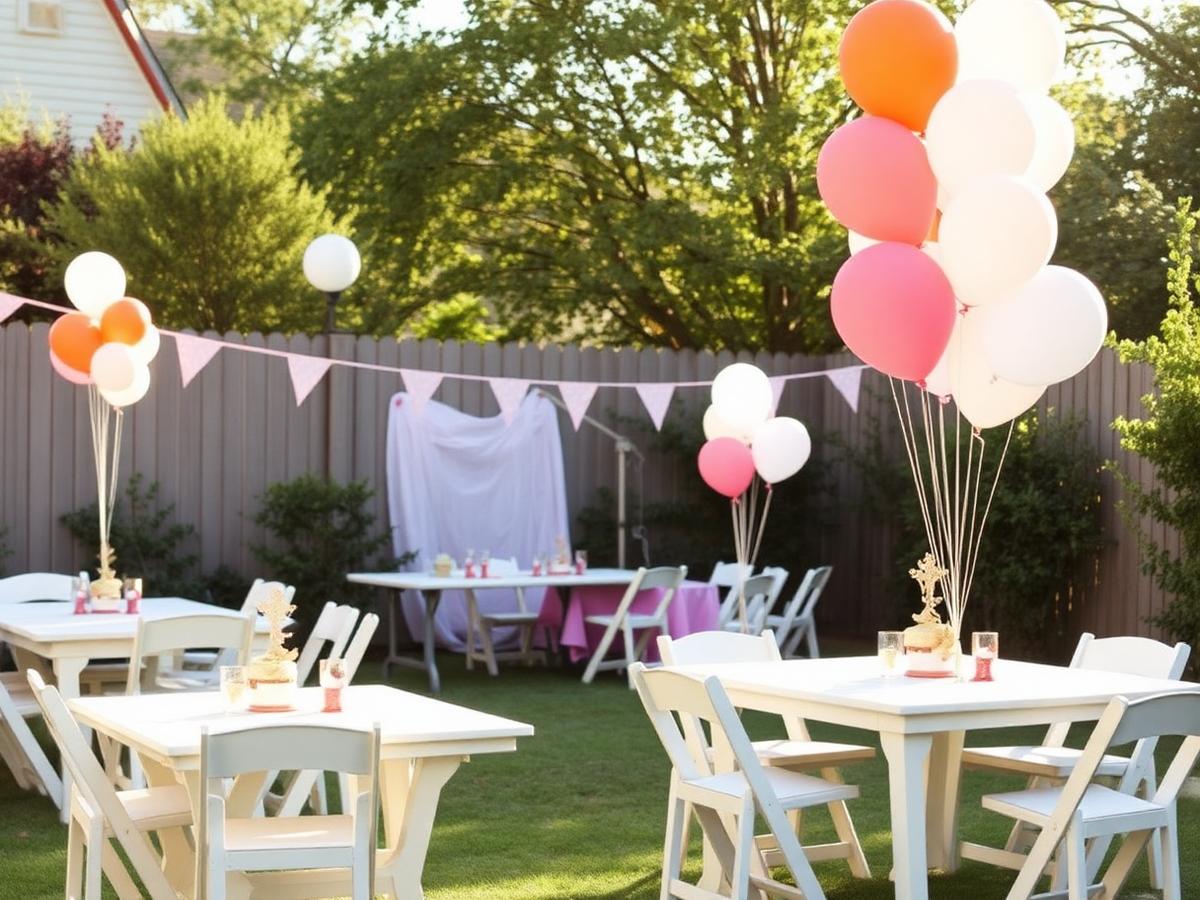 Backyard birthday party with white folding tables and balloons